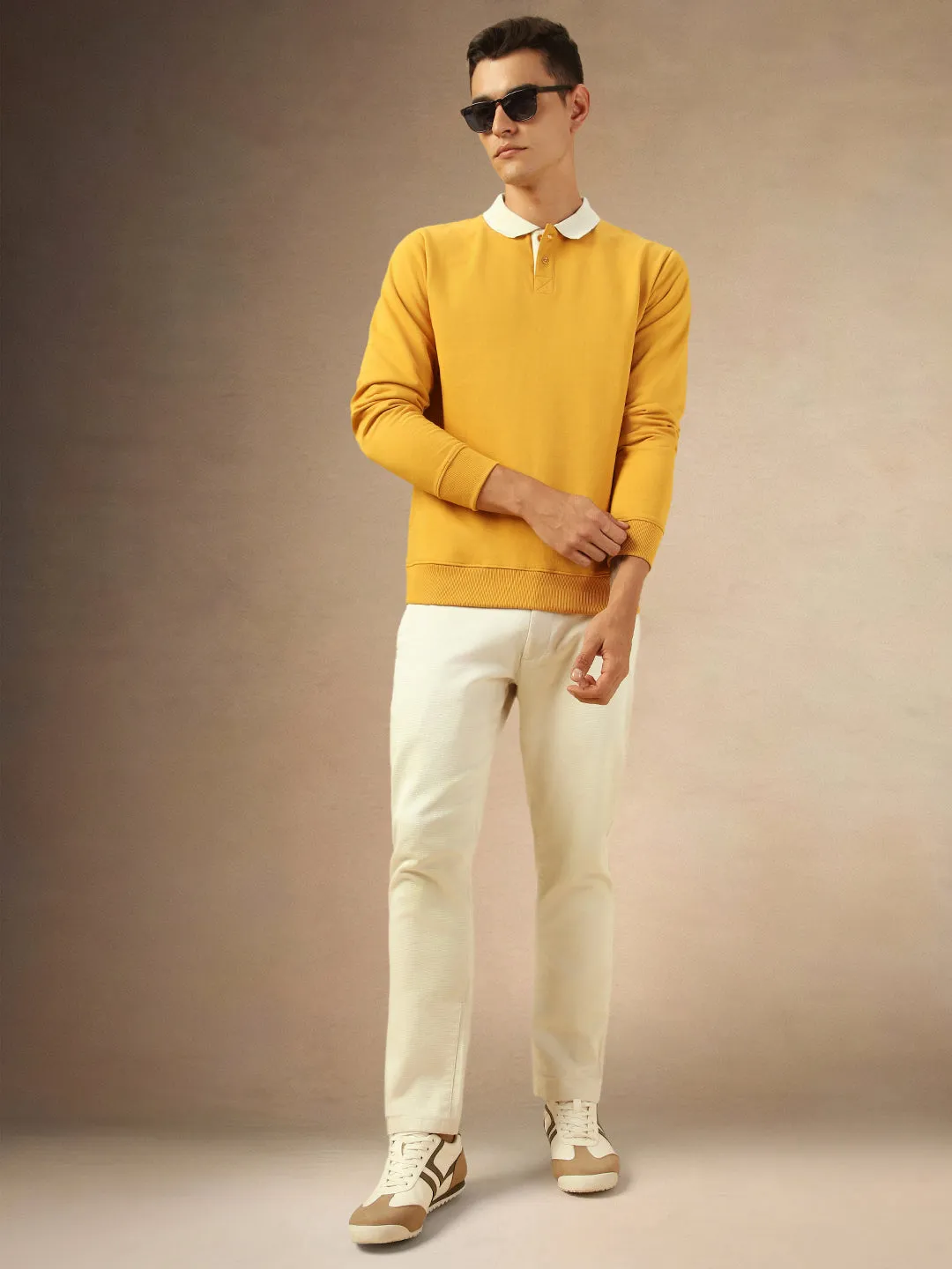 Men's Solid Mustard Polo collar Full Sleeves Sweatshirt