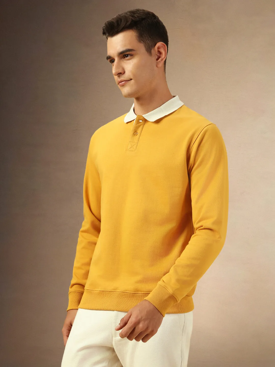 Men's Solid Mustard Polo collar Full Sleeves Sweatshirt