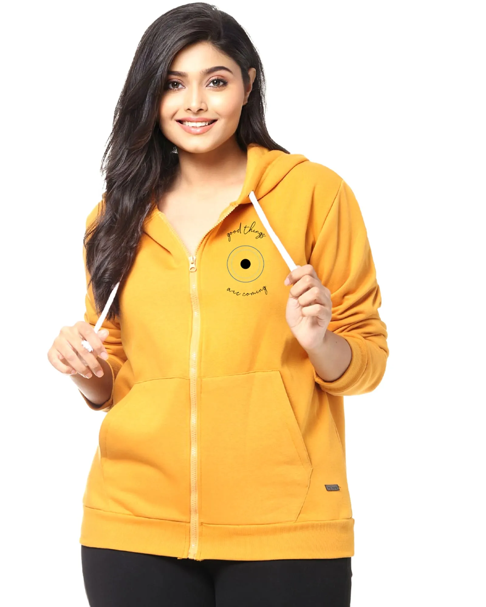 Mustard "Good Things Are Coming" Printed Front Zipper Sweatshirt | Mustard