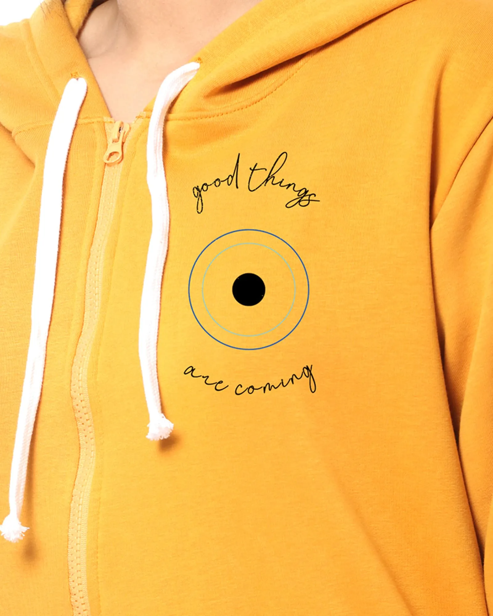 Mustard "Good Things Are Coming" Printed Front Zipper Sweatshirt | Mustard