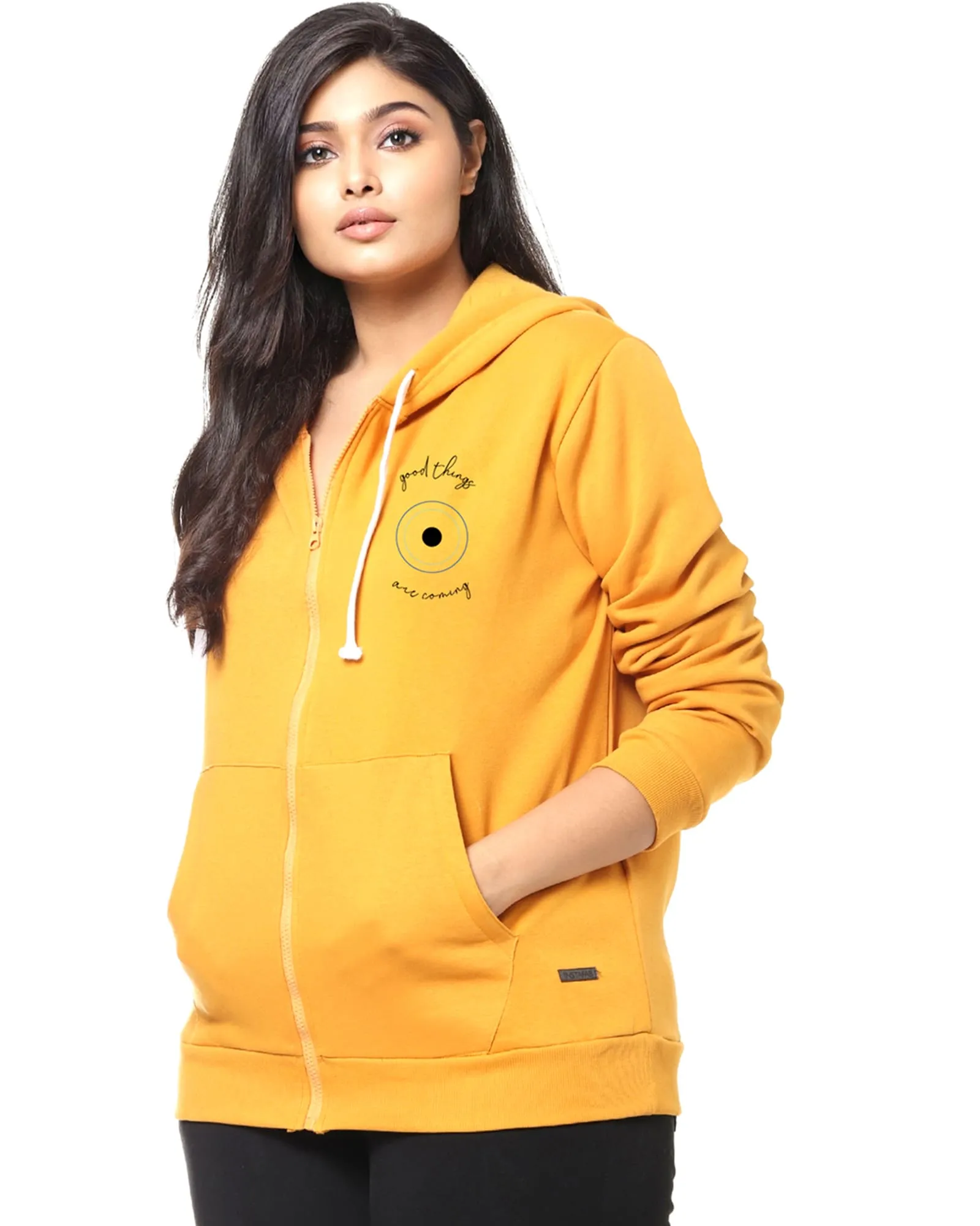 Mustard "Good Things Are Coming" Printed Front Zipper Sweatshirt | Mustard