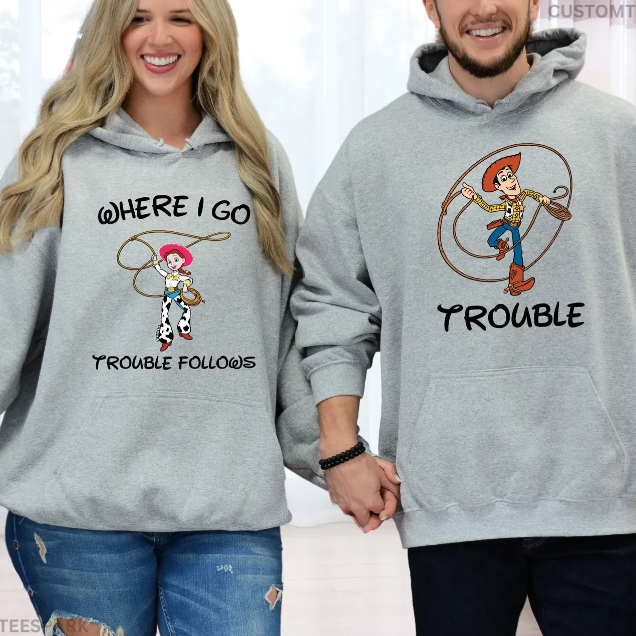 "Trouble & Trouble Follows" Matching Couple Sweatshirts – Playful and Fun