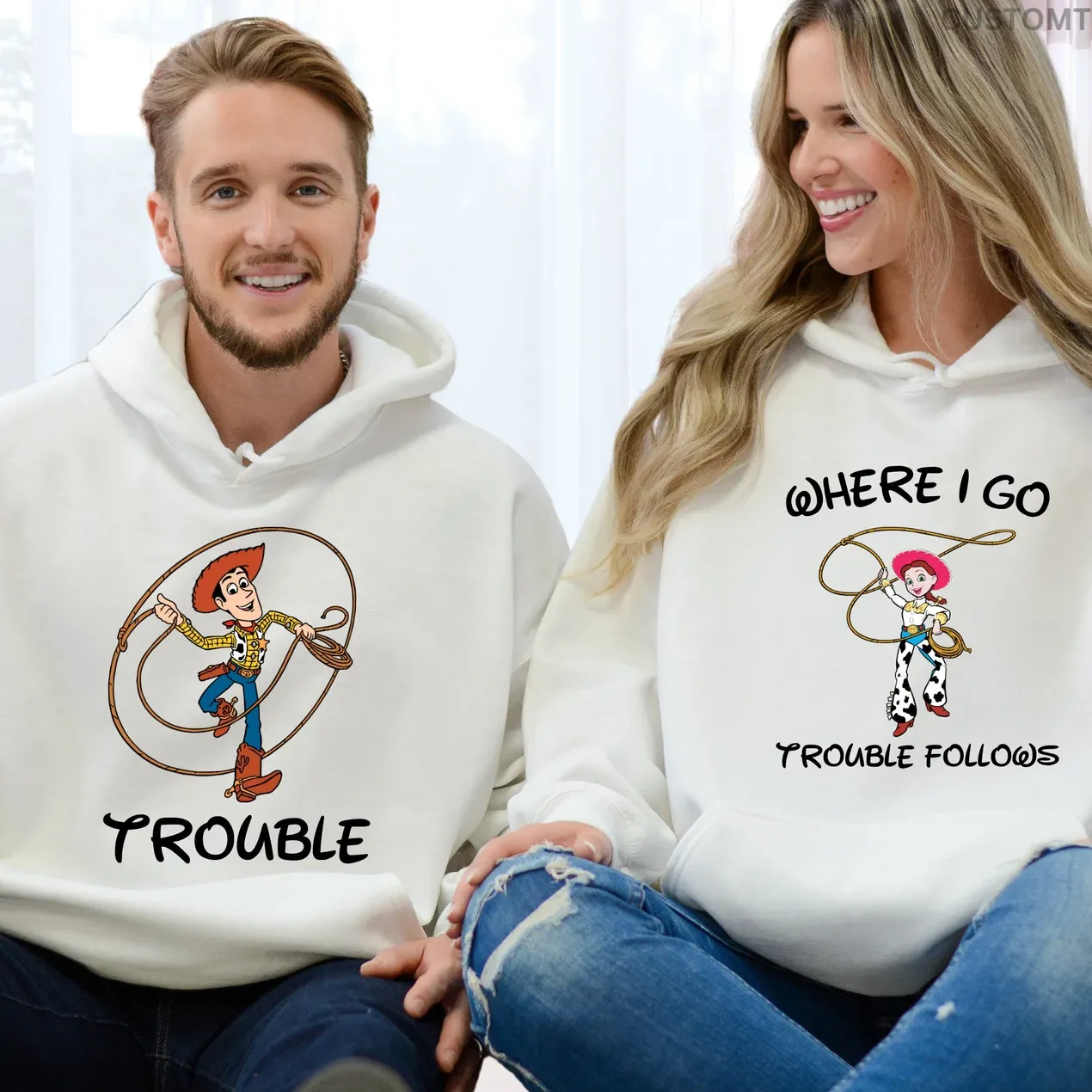 "Trouble & Trouble Follows" Matching Couple Sweatshirts – Playful and Fun