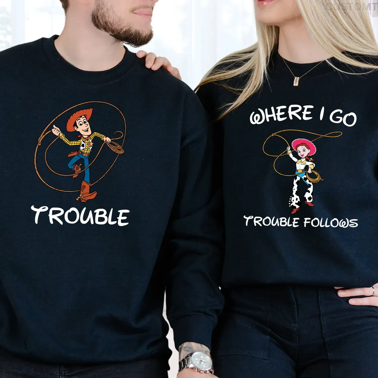 "Trouble & Trouble Follows" Matching Couple Sweatshirts – Playful and Fun