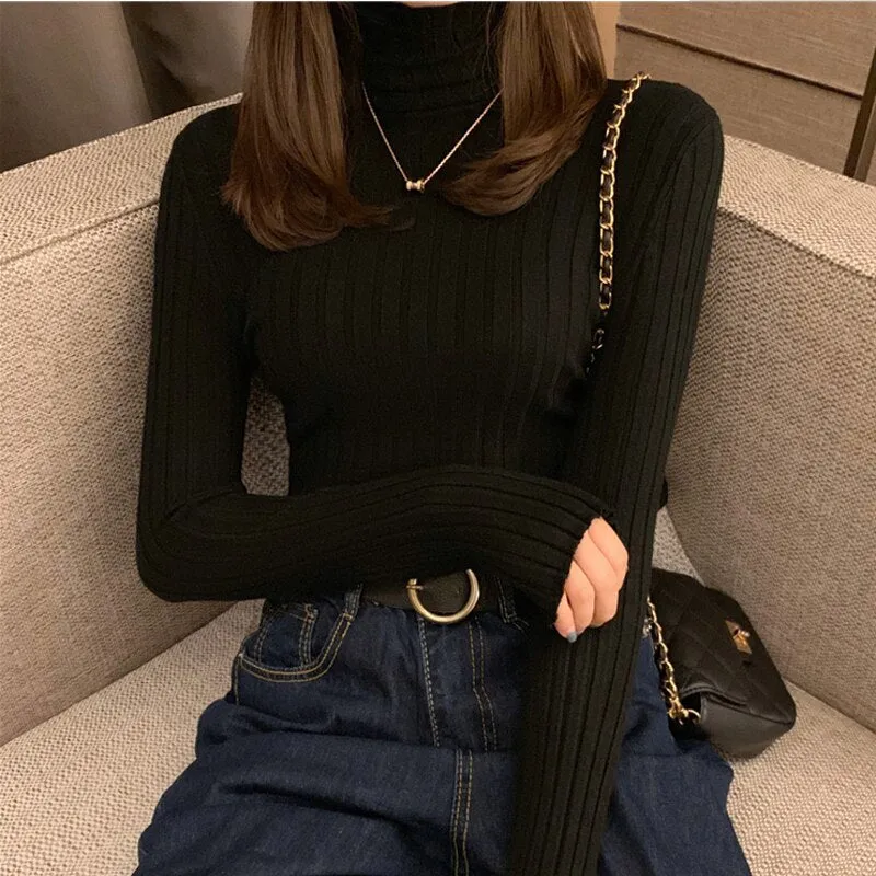 Soft Slim Elastic Knitted Jumper Fashion Long Sleeve Turtleneck Pullover Sweater