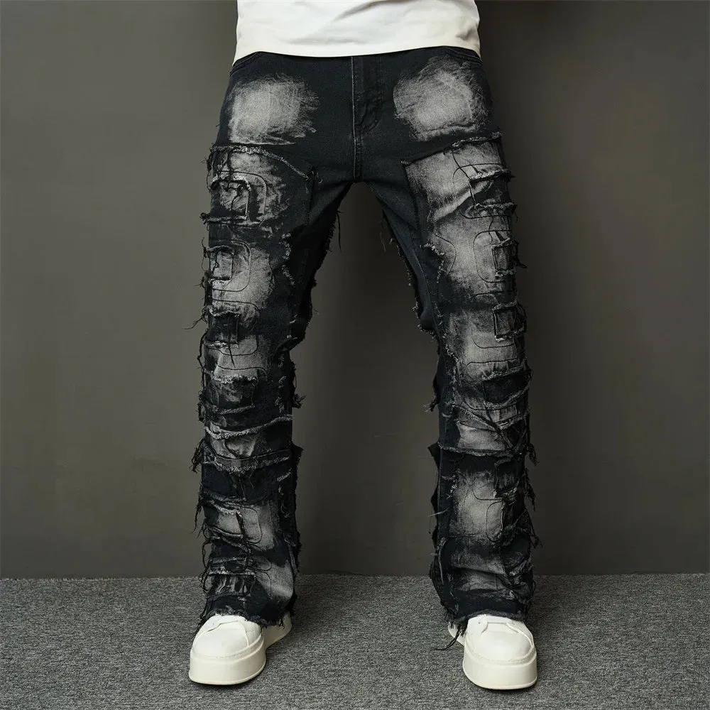 Streetwear Hip Hop Ripped Spliced Patch Straight Stylish Distressed Loose Biker Denim Pants