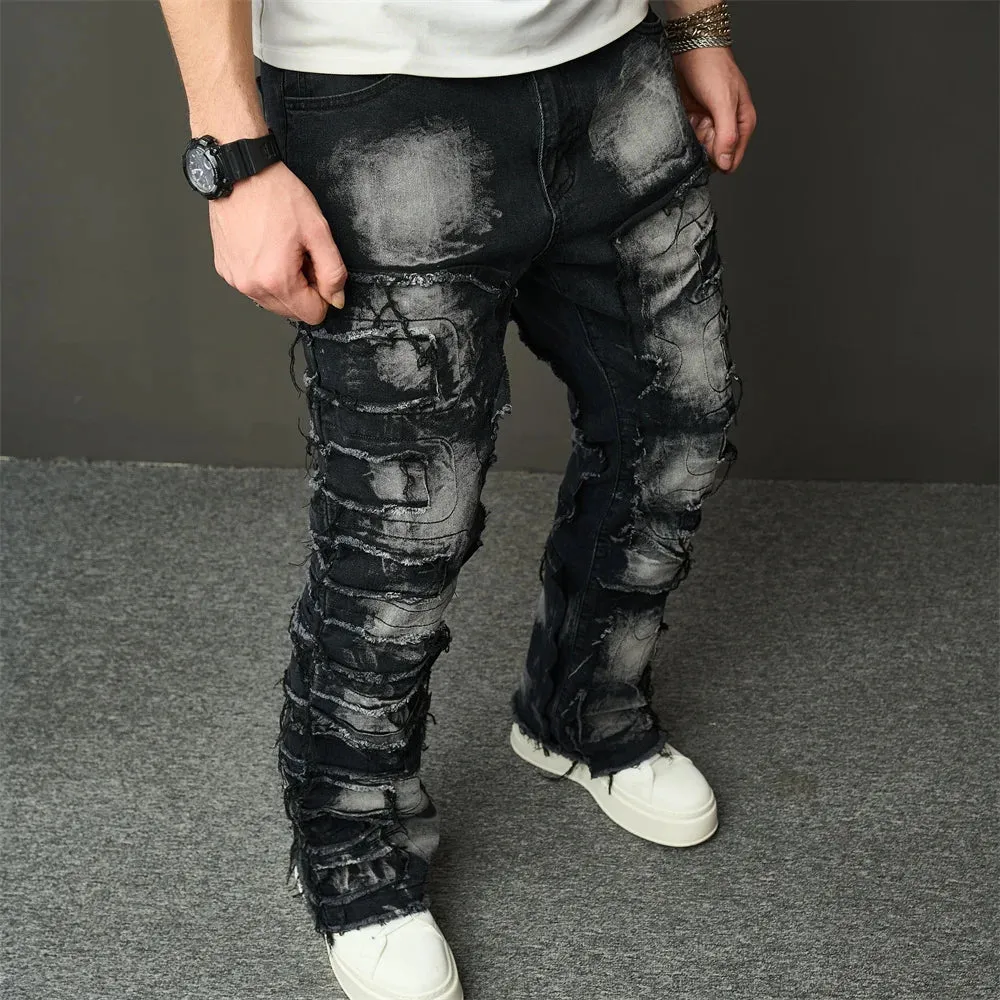 Streetwear Hip Hop Ripped Spliced Patch Straight Stylish Distressed Loose Biker Denim Pants