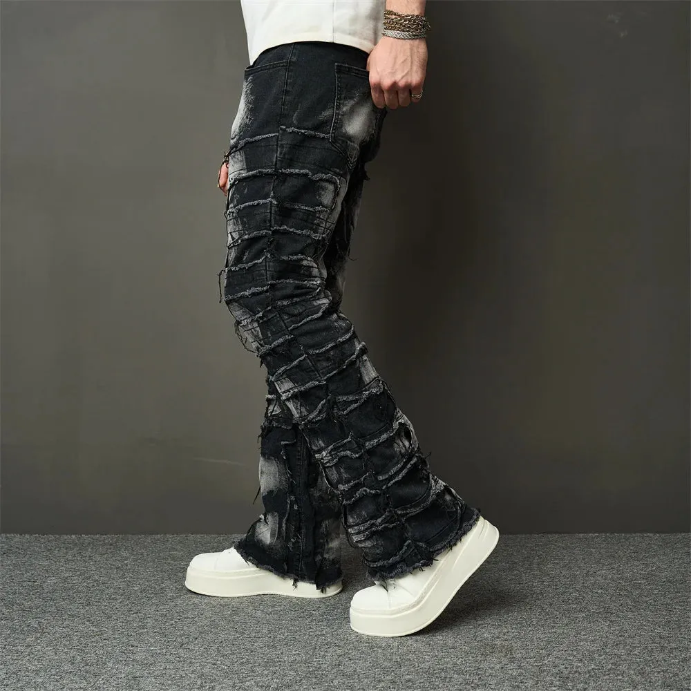 Streetwear Hip Hop Ripped Spliced Patch Straight Stylish Distressed Loose Biker Denim Pants