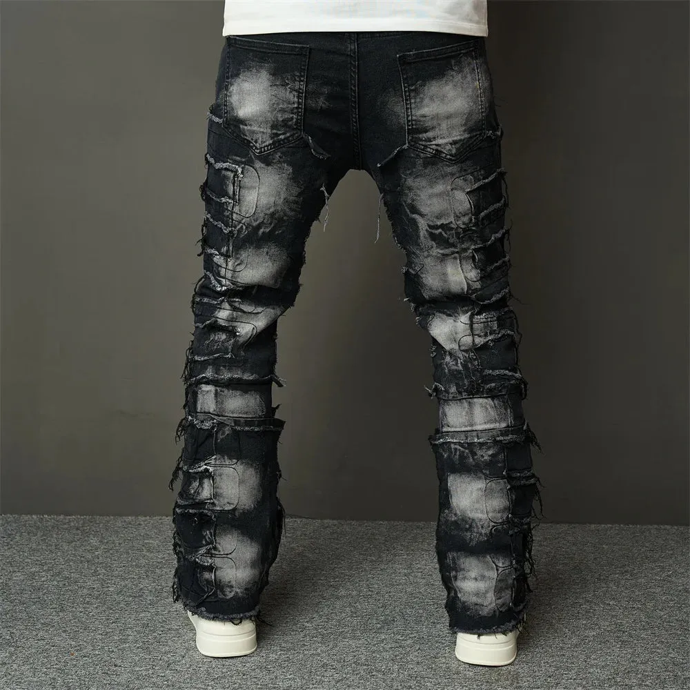 Streetwear Hip Hop Ripped Spliced Patch Straight Stylish Distressed Loose Biker Denim Pants