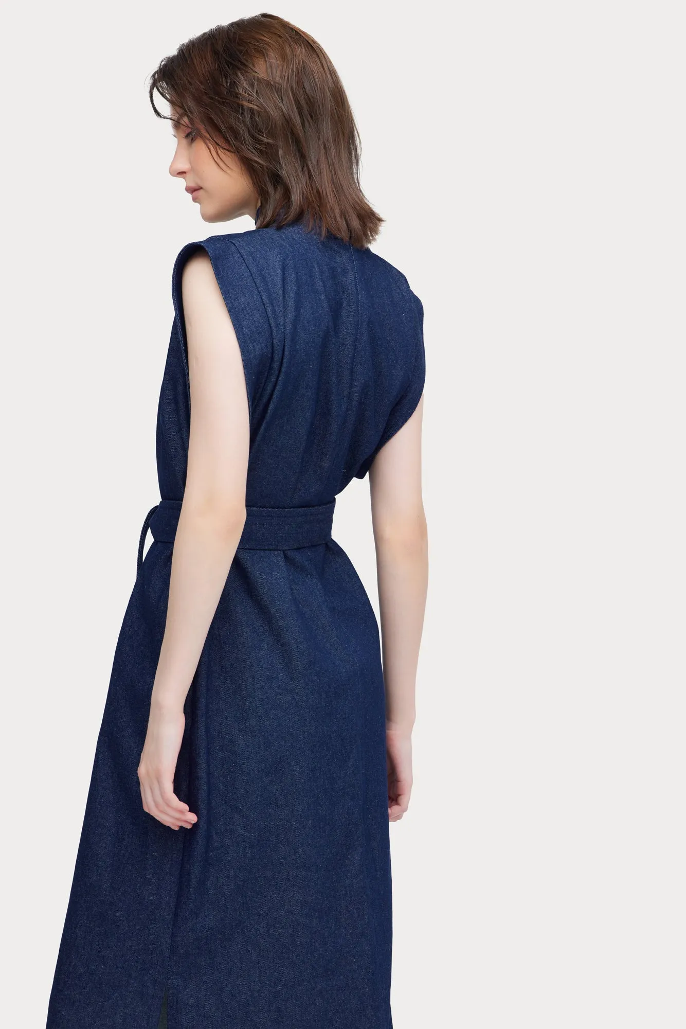 Stylish Straight Dress With Belt Denim Blue