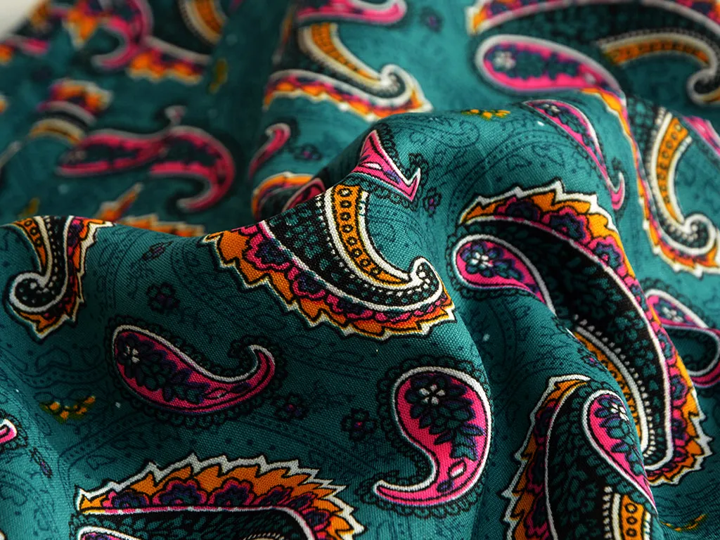 Teal Blue Paisley Digital Printed Premium Crepe Fabric