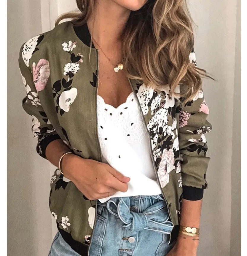 Trendy Printed Round-Neck Zipper Long Sleeved Women Jacket