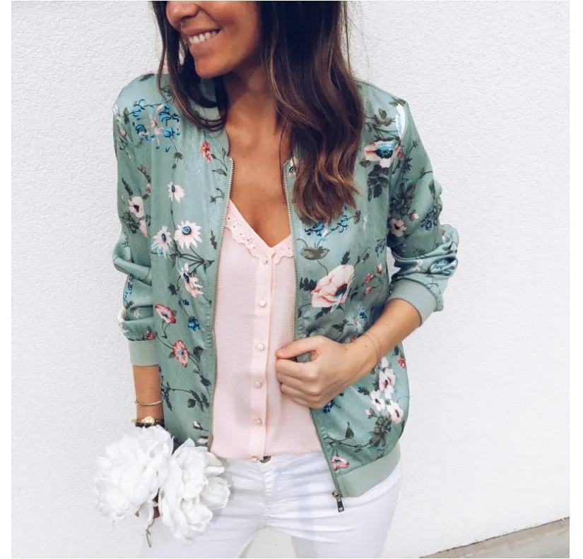 Trendy Printed Round-Neck Zipper Long Sleeved Women Jacket