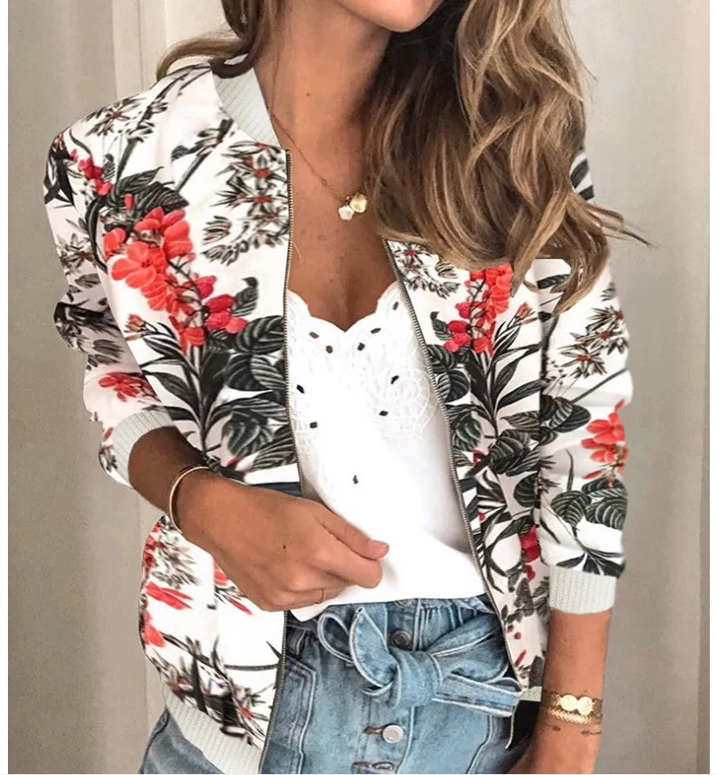 Trendy Printed Round-Neck Zipper Long Sleeved Women Jacket