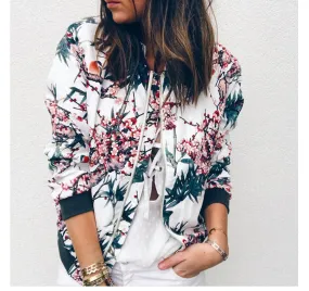 Trendy Printed Round-Neck Zipper Long Sleeved Women Jacket