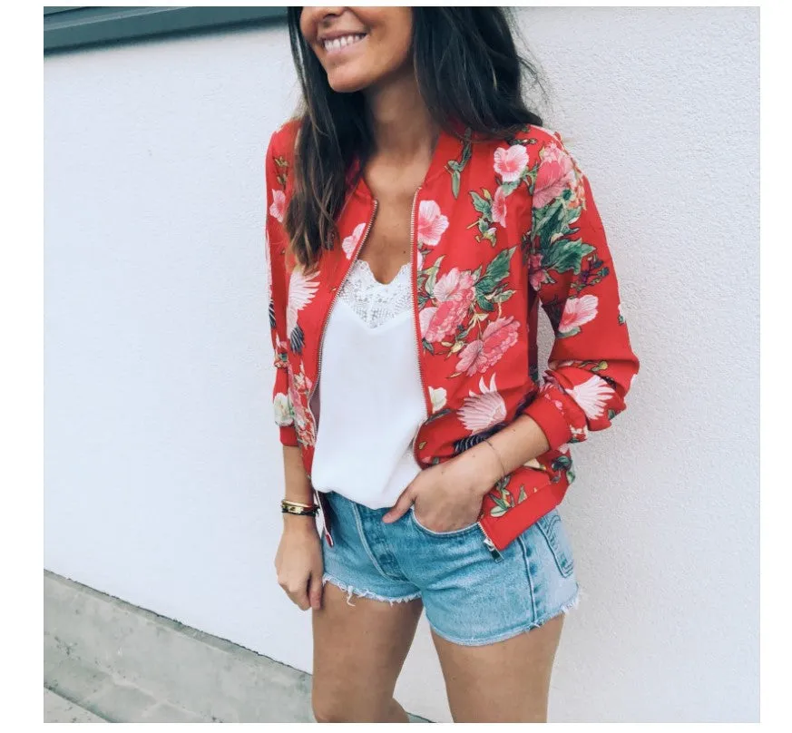 Trendy Printed Round-Neck Zipper Long Sleeved Women Jacket