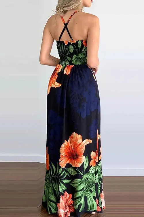 Tropical Print Slit Crisscross Backless Maxi Dress