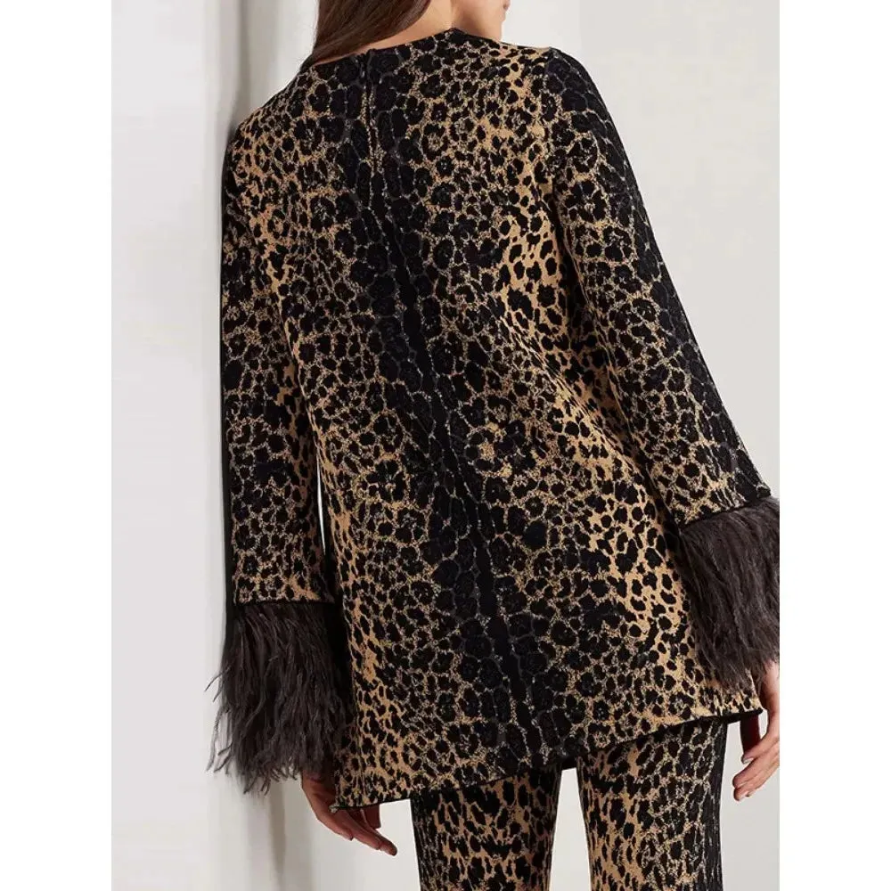 Women's Leopard Print Autumn & Winter Suit Round Neck Loose Fit